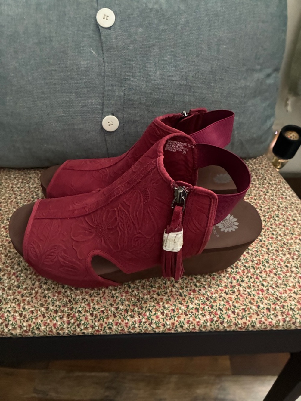 Yellow Box Burgundy Embroidered Wedge Sandals. No box but new